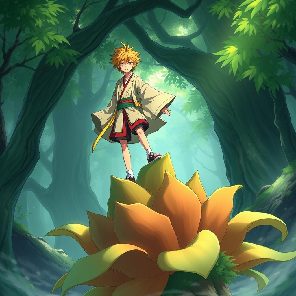 Zenitsu Agatsuma from Demon Slayer standing on top of a large, vibrant plant in a fantasy setting