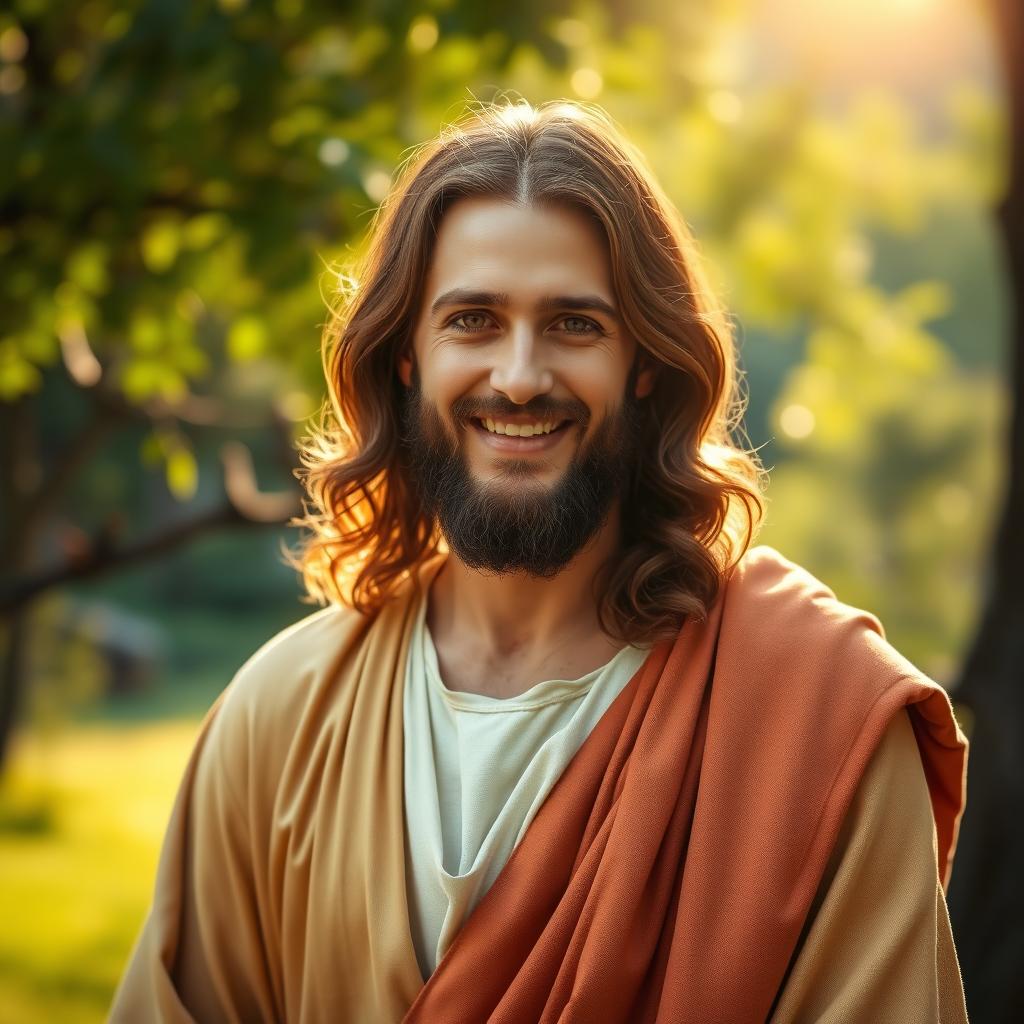 A scene depicting Jesus Christ blended naturally into an outdoor setting, retaining the features and essence of the individual in the provided photo while ensuring the environment remains unchanged