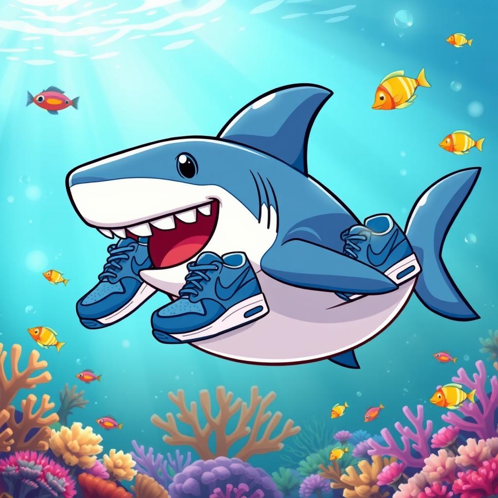 A whimsical illustration of a cartoon shark joyfully swimming in the ocean, wearing three blue Nike shoes