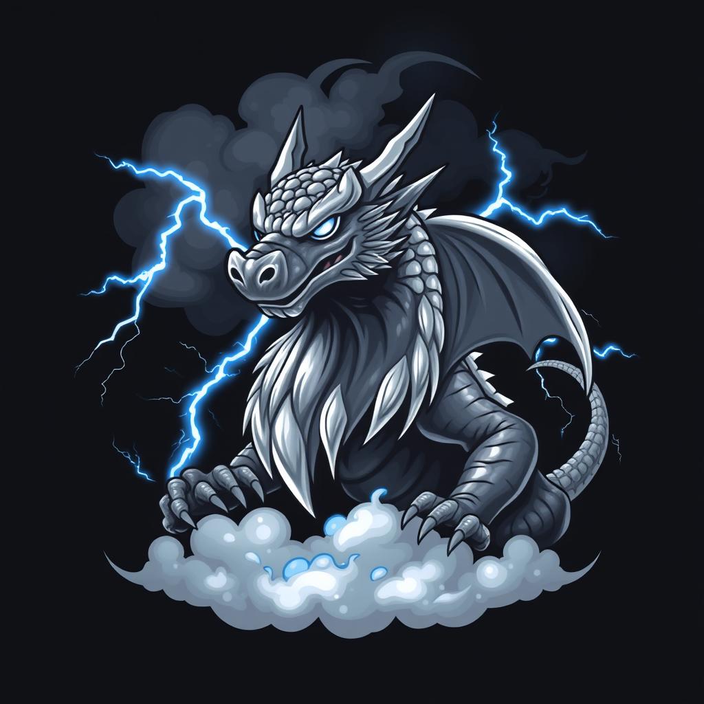 A striking logo design featuring a majestic grey bearded dragon, its scales glistening with a metallic sheen, prominently positioned against a dramatic background of swirling lightning storm clouds