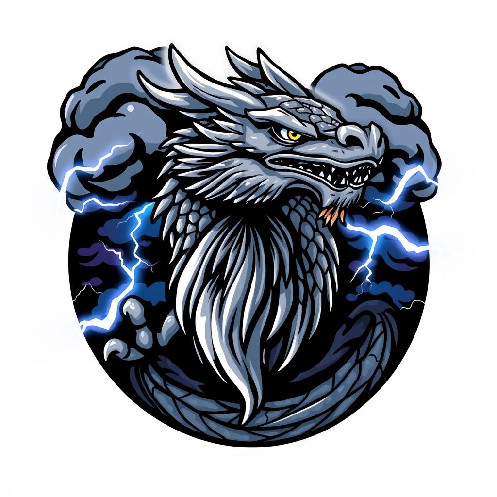A striking logo of a grey bearded dragon, prominently displayed, surrounded by dramatic lightning storm clouds