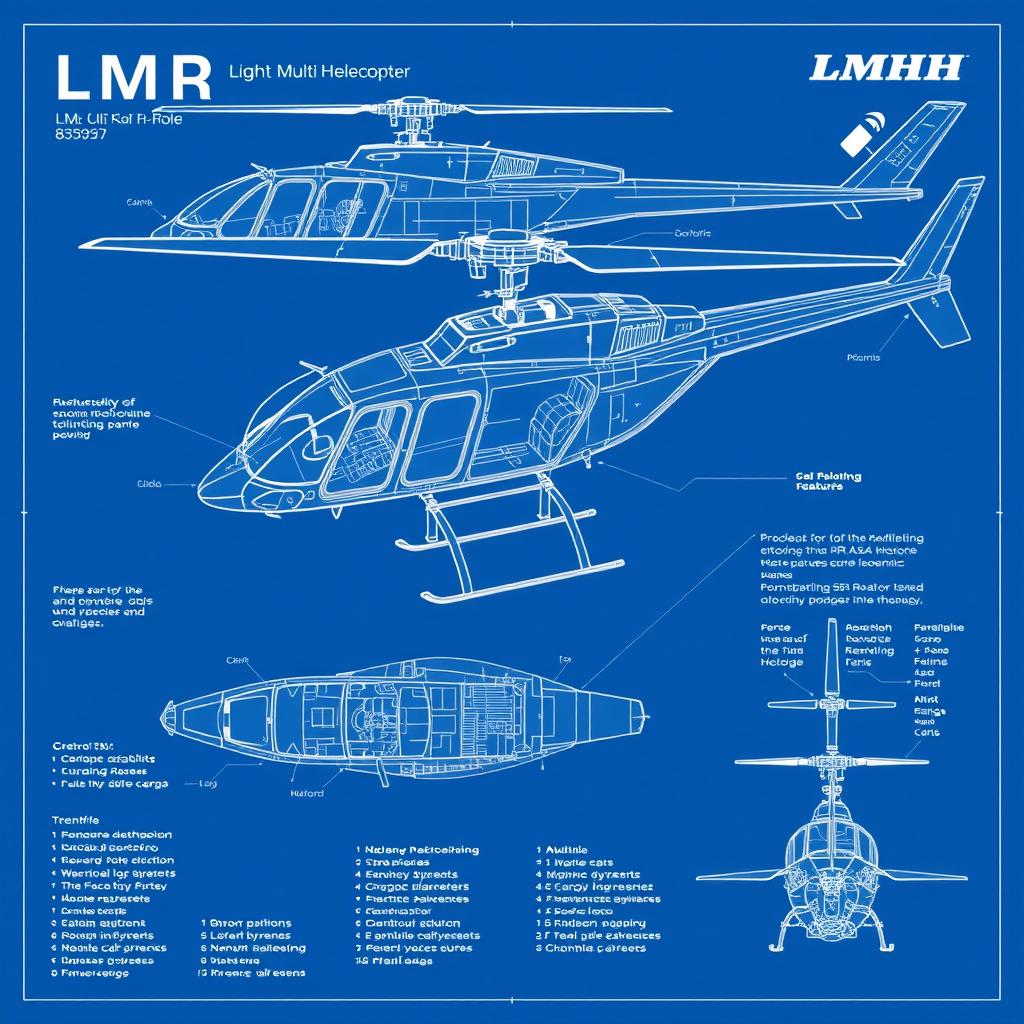 A highly detailed blueprint of a modern Light Multi-Role Helicopter (LMH), showcasing its design features, dimensions, and specifications