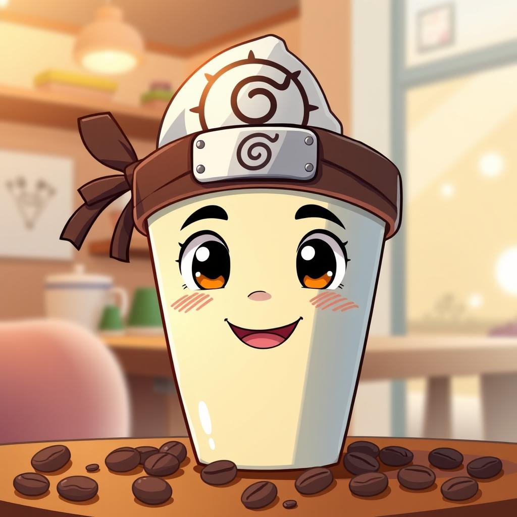 A charming illustration of a coffee cup with a cute, expressive face