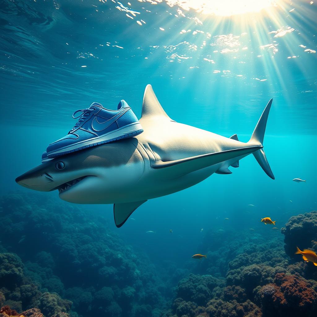 A stunningly realistic image of a majestic shark gliding effortlessly through the crystal-clear ocean waters, adorned with three blue Nike shoes