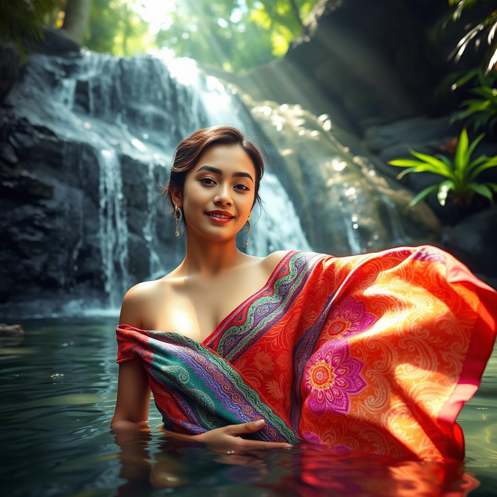 A stunning Malay beauty in her early 20s with light tan skin gracefully bathing at a picturesque waterfall