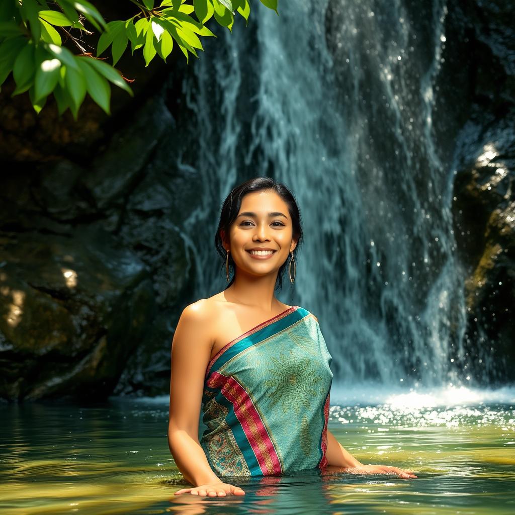 A beautiful Malay woman in her early 20s, with light tan skin, gracefully bathing at a serene waterfall
