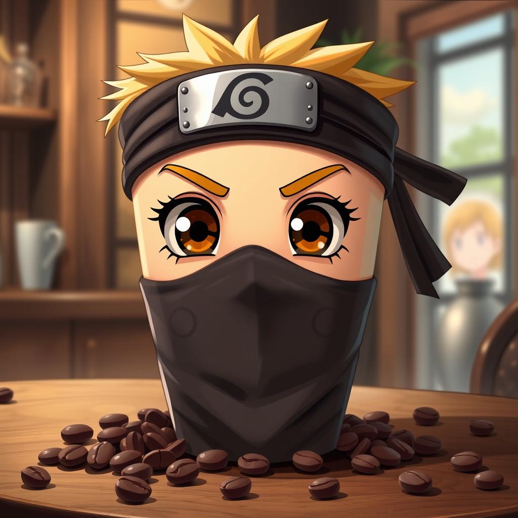 A realistic illustration of a coffee cup designed with a charming face, featuring large, expressive eyes that convey warmth