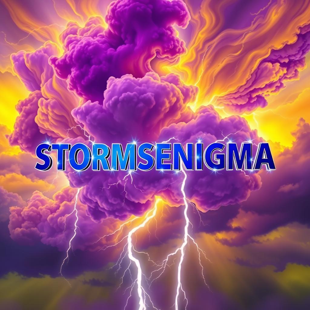 The word 'STORMSENIGMA' in a bold, electric font, surrounded by dramatic and swirling storm clouds depicted in vibrant shades of purple and yellow