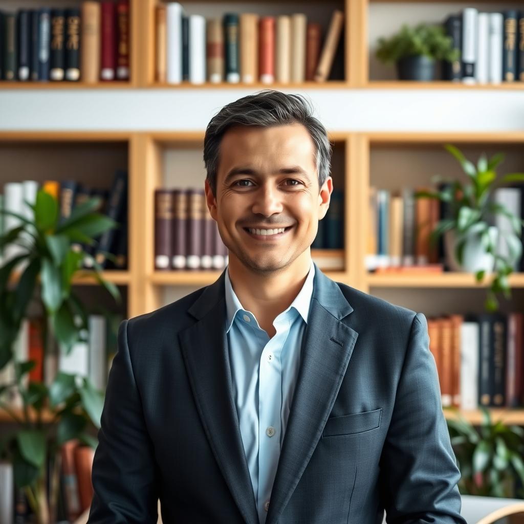 A professional CV photograph featuring a confident individual standing in a well-lit office environment