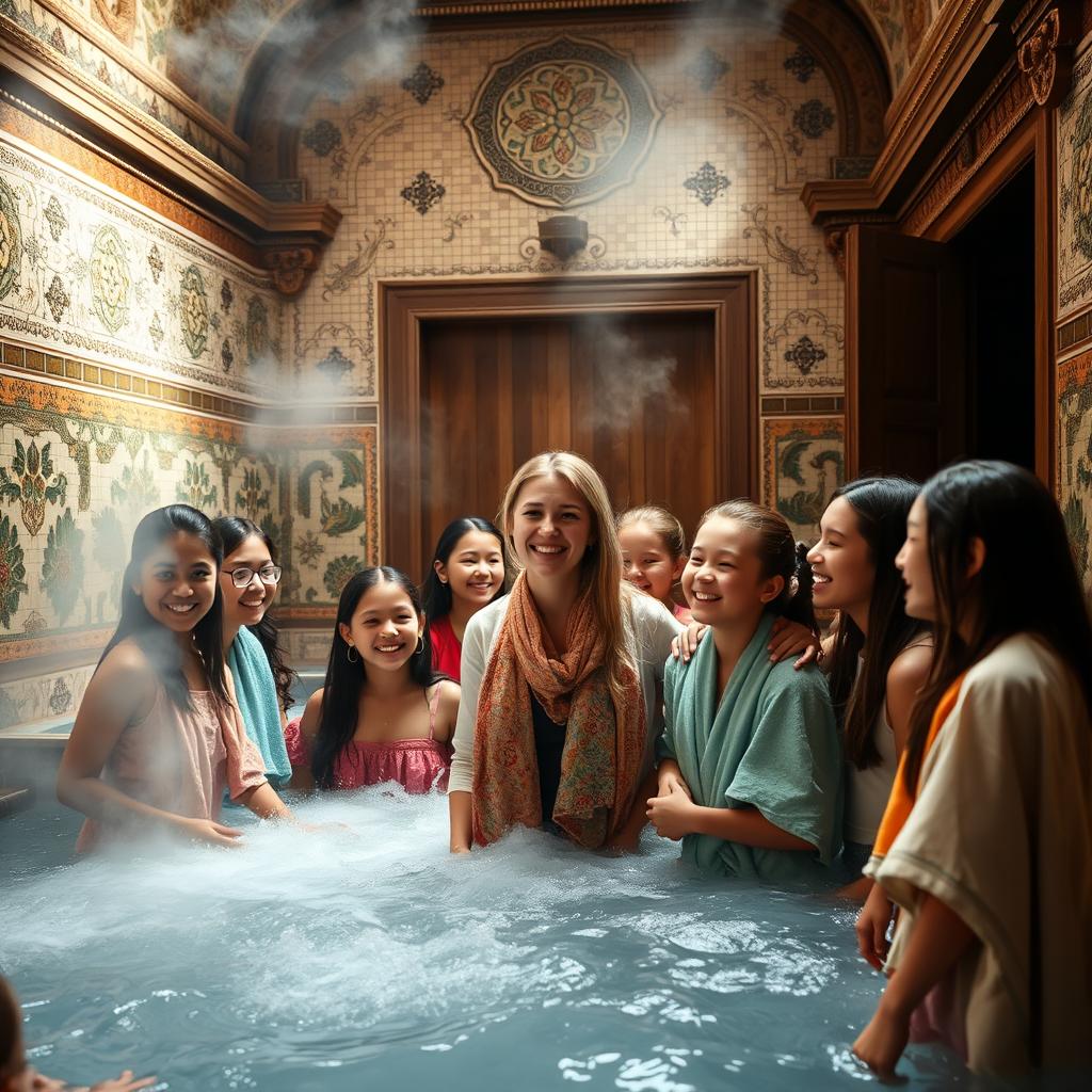 A teacher leading several students into a large, beautifully tiled and ornate traditional bathhouse, capturing the warmth and camaraderie of the moment