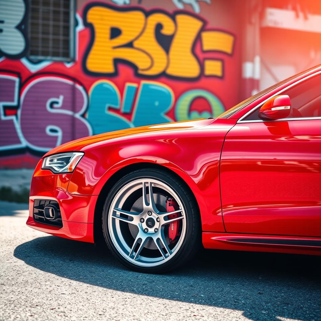 A striking red car with white rims, showcasing its sleek design and dynamic curves