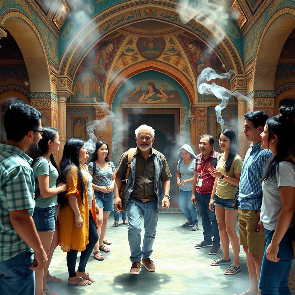 A visually rich and imaginative scene depicting a teacher and students embarking on an educational journey to a public bathhouse