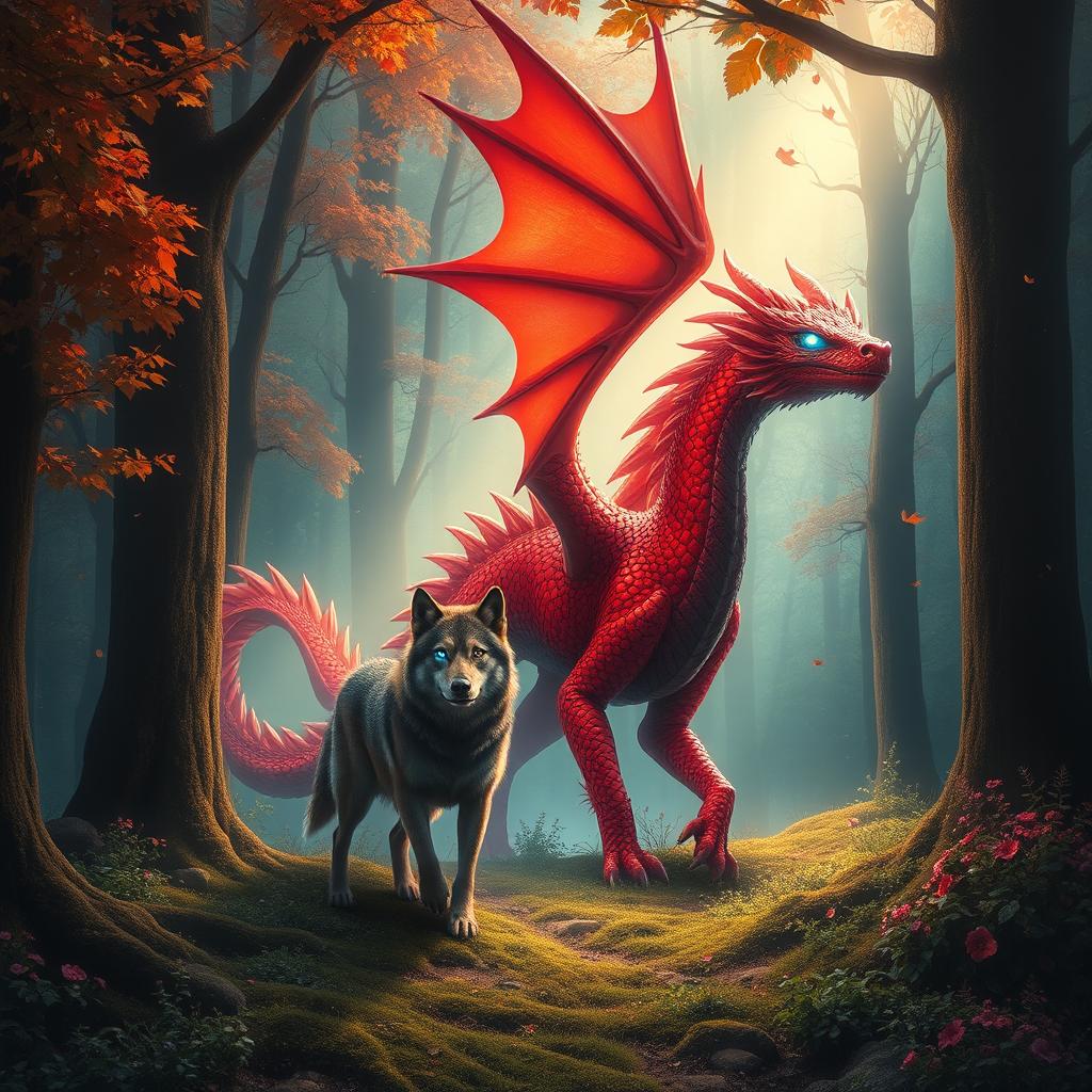 A majestic red dragon gracefully walking through an enchanted forest, surrounded by towering trees adorned with glittering leaves