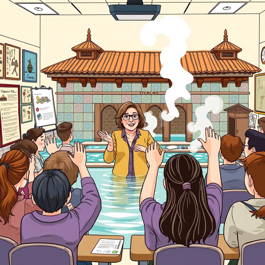 An engaging and informative scene illustrating a teacher explaining the concept of a traditional public bathhouse to students