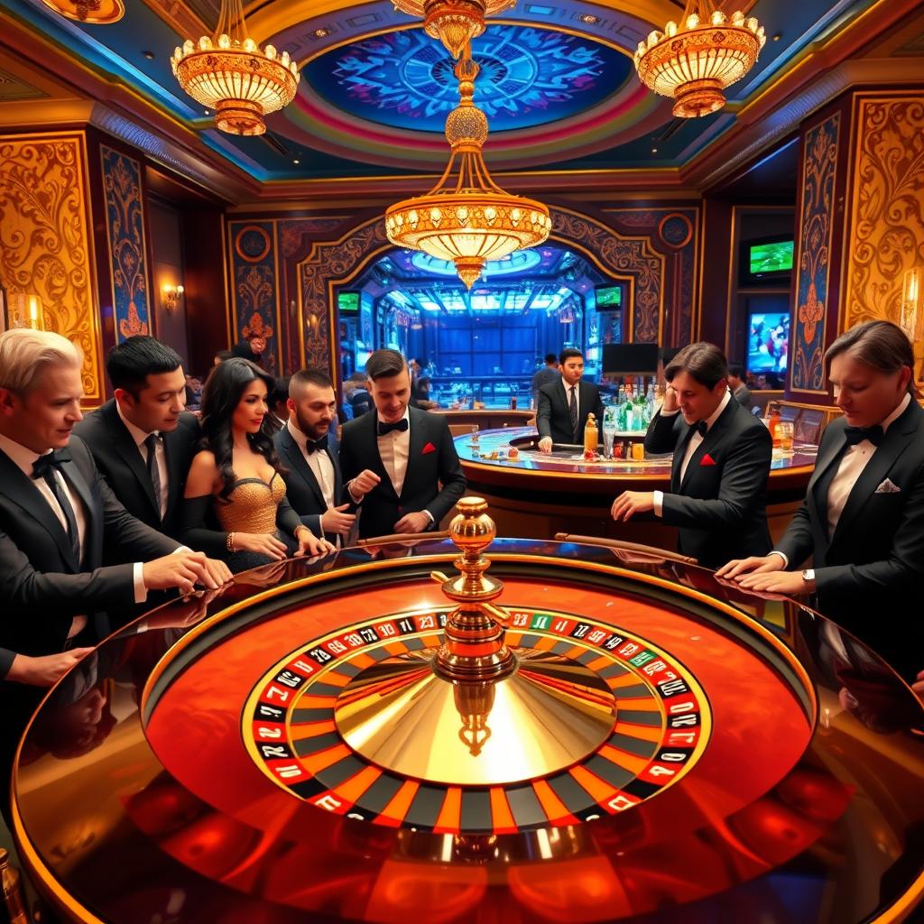 A luxurious and vibrant roulette casino scene, showcasing an elegant roulette table with a shining wheel in the center