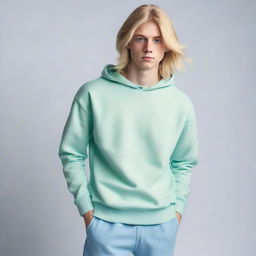 A handsome, 17-year-old boy with a masculine face, well-built physique, and fair skin. He has long blonde hair, striking blue eyes, a serious expression, and is wearing a light, pale-blue sweatshirt with loose, pale-green trousers.