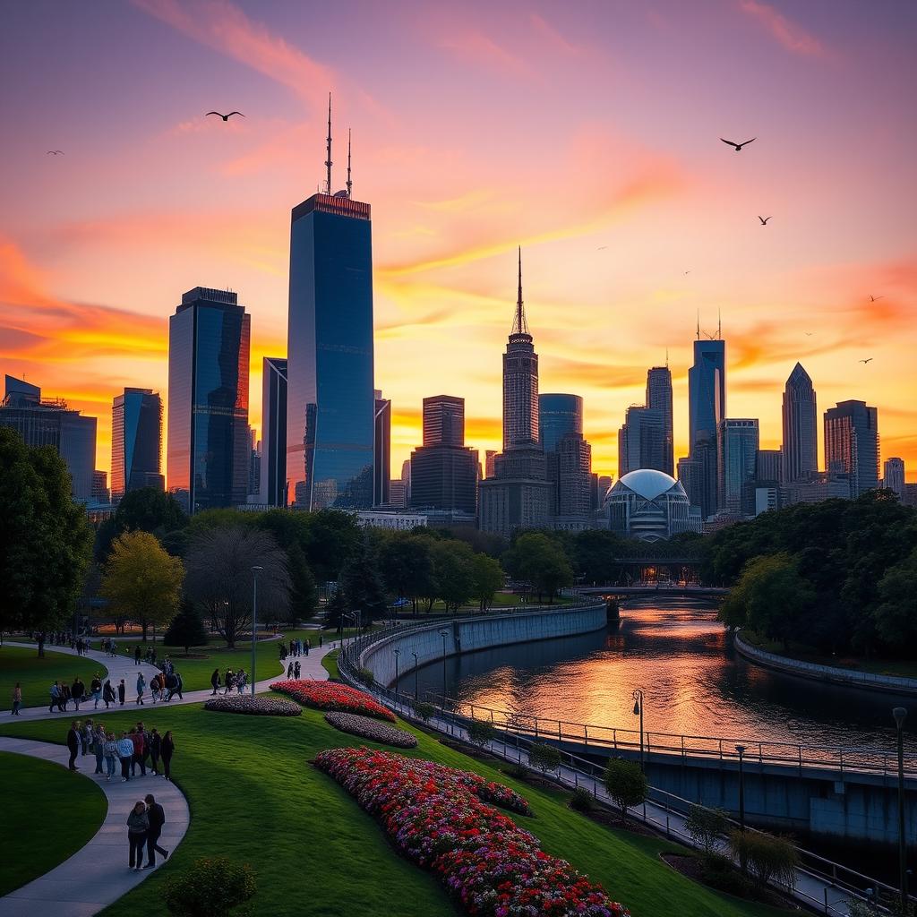 A vibrant city skyline at sunset, showcasing towering skyscrapers with reflective glass windows, bathed in hues of orange, pink, and purple