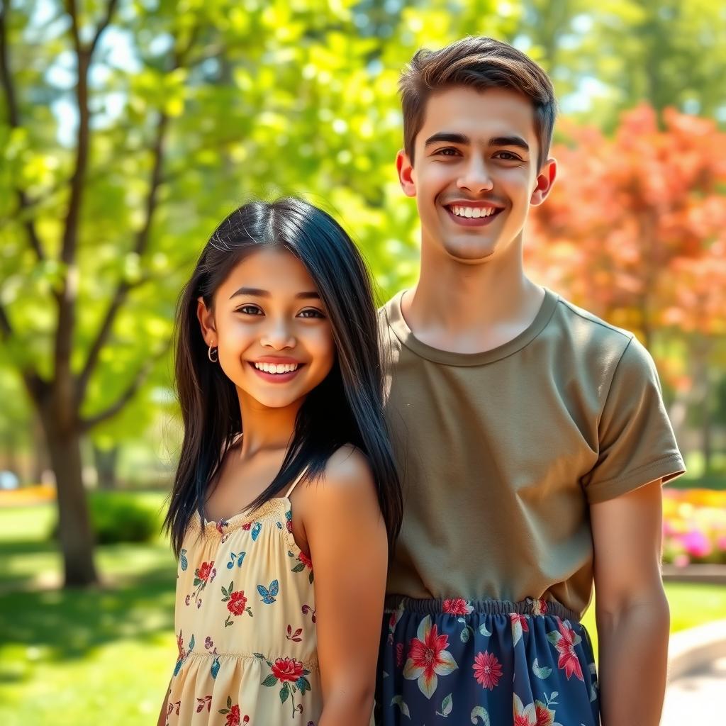 A young man with striking features and a charming smile standing next to a petite girl with sleek black hair