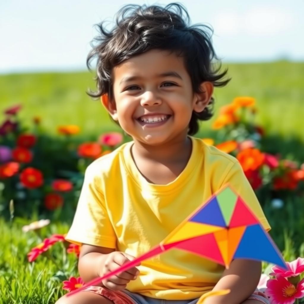 A charming portrait of a young white Latino child with beautiful black hair, sitting in a sunlit park surrounded by vibrant flowers