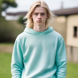 A handsome, 17-year-old boy with a masculine face, well-built physique, and fair skin. He has long blonde hair, striking blue eyes, a serious expression, and is wearing a light, pale-blue sweatshirt with loose, pale-green trousers.