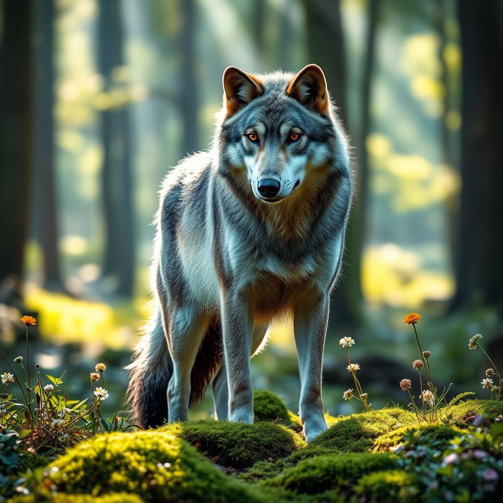 A majestic female wolf standing gracefully in a serene forest environment