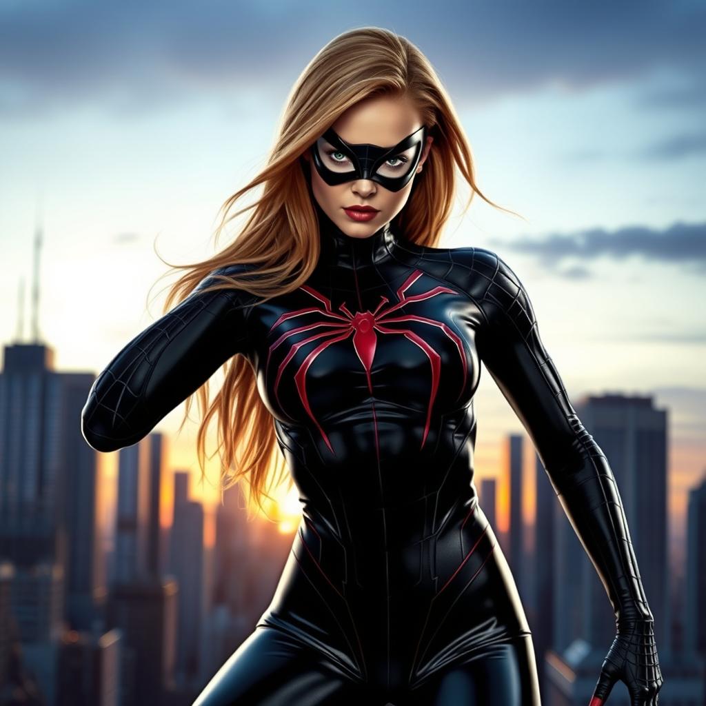 A dynamic and striking portrayal of a woman wearing the iconic black Spider-Man suit from Spider-Man 3