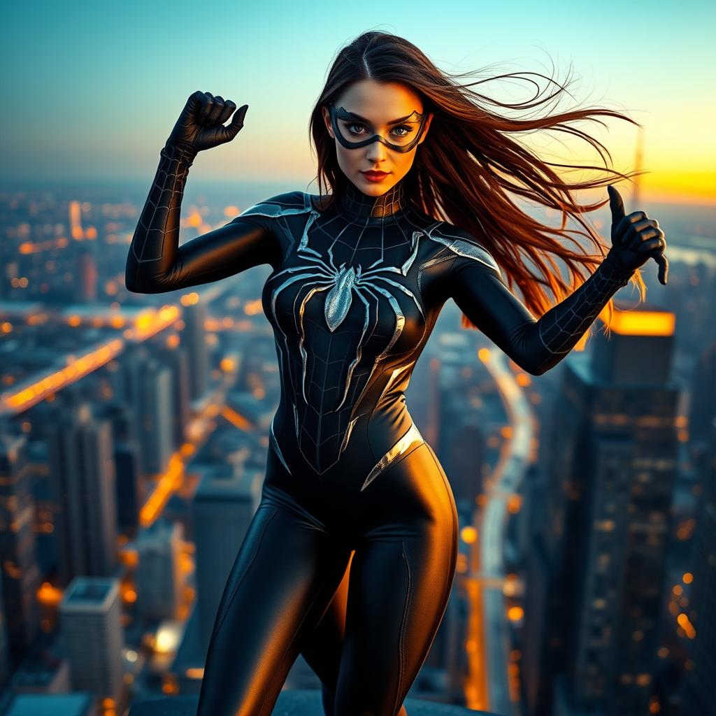 A captivating image of a woman dressed in the stunning black Spider-Man suit from Spider-Man 3, enhanced with intricate silver webbing design that glistens against the dark fabric