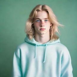 A handsome, 17-year-old boy with a masculine face, well-built physique, and fair skin. He has long blonde hair, striking blue eyes, a serious expression, and is wearing a light, pale-blue sweatshirt with loose, pale-green trousers.