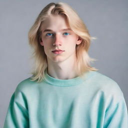 A handsome, 17-year-old boy with a masculine face, well-built physique, and fair skin. He has long blonde hair, striking blue eyes, a serious expression, and is wearing a light, pale-blue sweatshirt with loose, pale-green trousers.