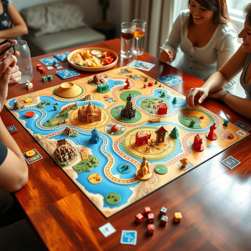 A vibrant and colorful board game setup, featuring an intricate game board with various pathways, landmarks and tokens in bright colors