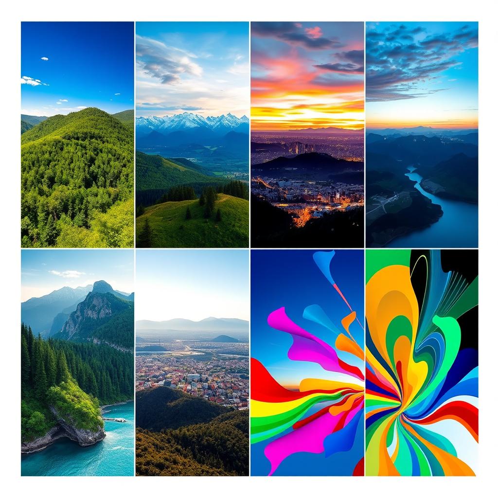 A vibrant and dynamic photo collage showcasing a variety of themes including nature landscapes, urban cityscapes, and abstract art