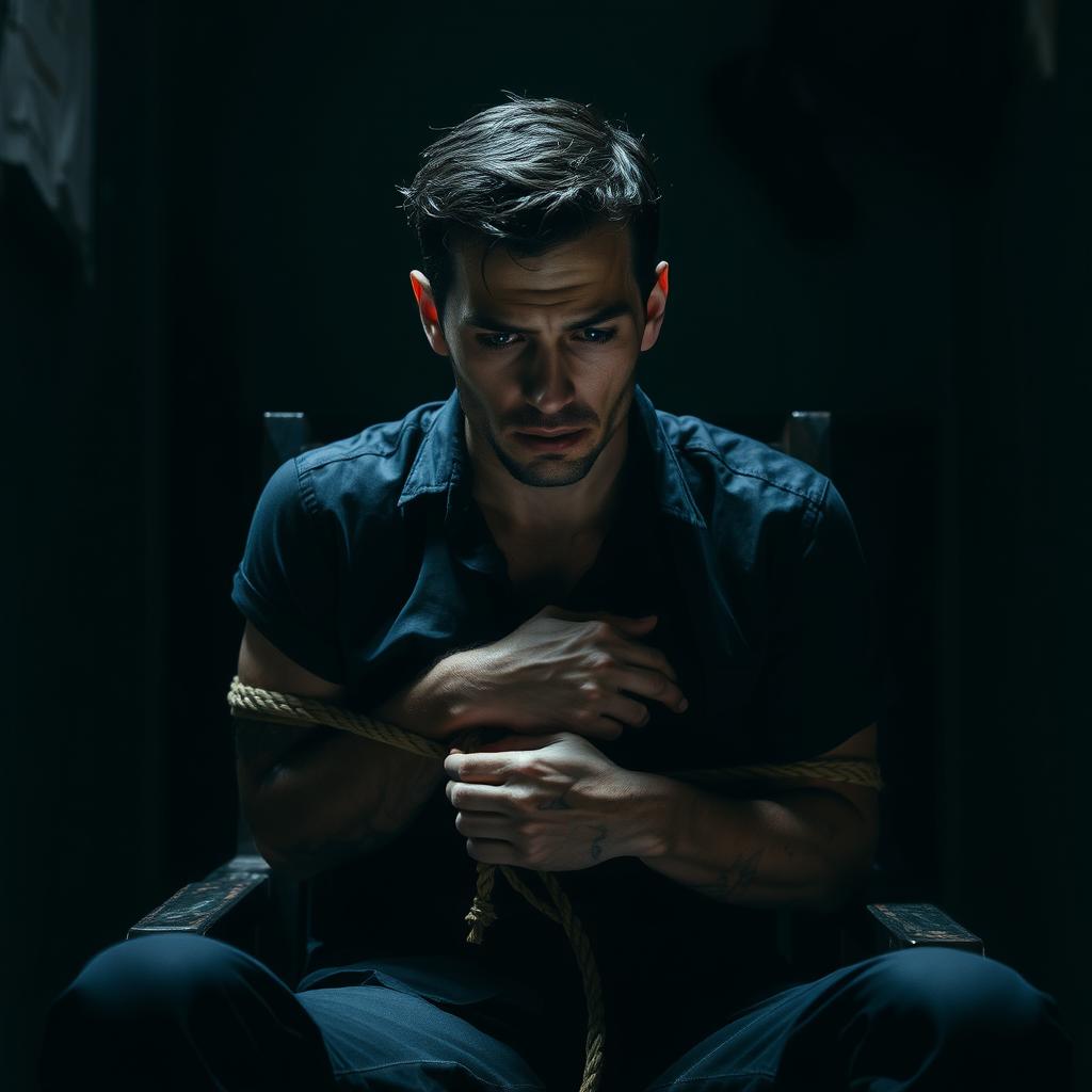 A dramatic scene depicting a person tied to a chair, conveying a sense of trouble and tension