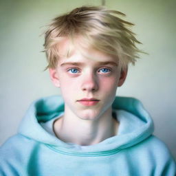 A well-built, attractive 17-year-old boy with blonde hair, white skin, and a masculine face. Dressed in a pale blue sweatshirt and pale green baggy trousers, his blue eyes stare out with a serious expression.