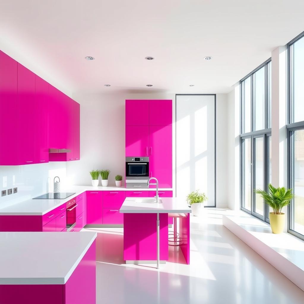 A minimalist kitchen design featuring vibrant fuchsia cabinets combined with sleek white countertops and appliances