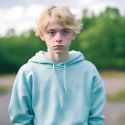 A well-built, attractive 17-year-old boy with blonde hair, white skin, and a masculine face. Dressed in a pale blue sweatshirt and pale green baggy trousers, his blue eyes stare out with a serious expression.