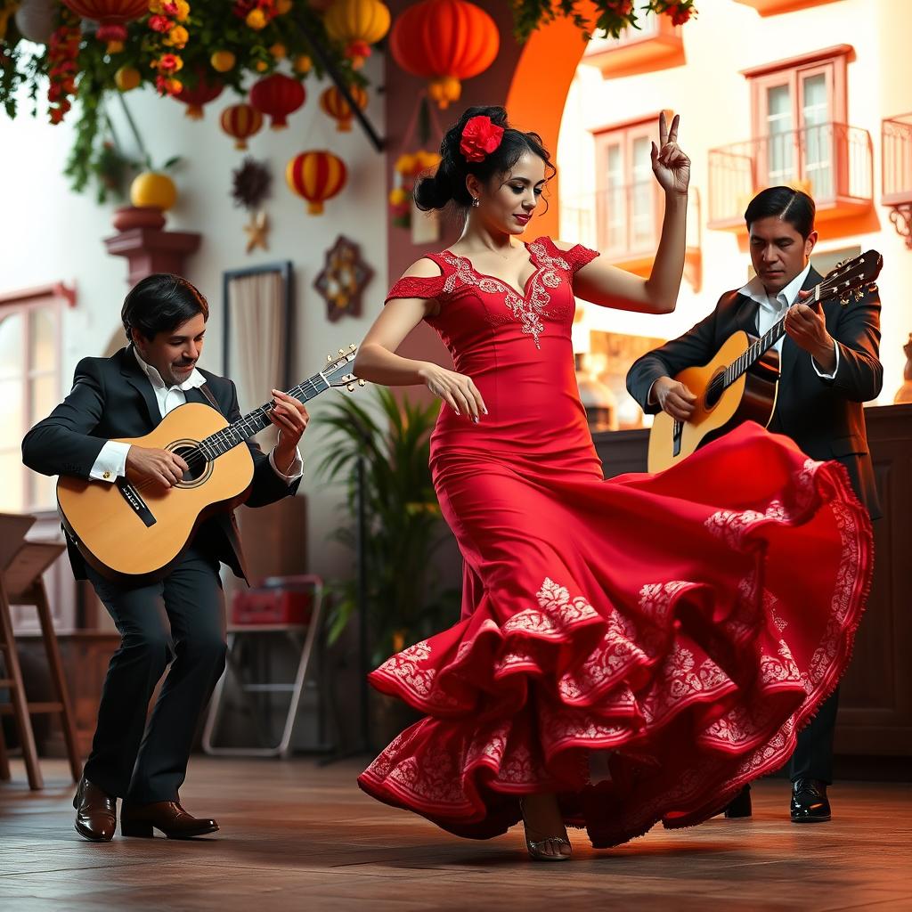 A passionate flamenco dancer in a vibrant, flowing red dress, showcasing her intricate footwork and expressive movements