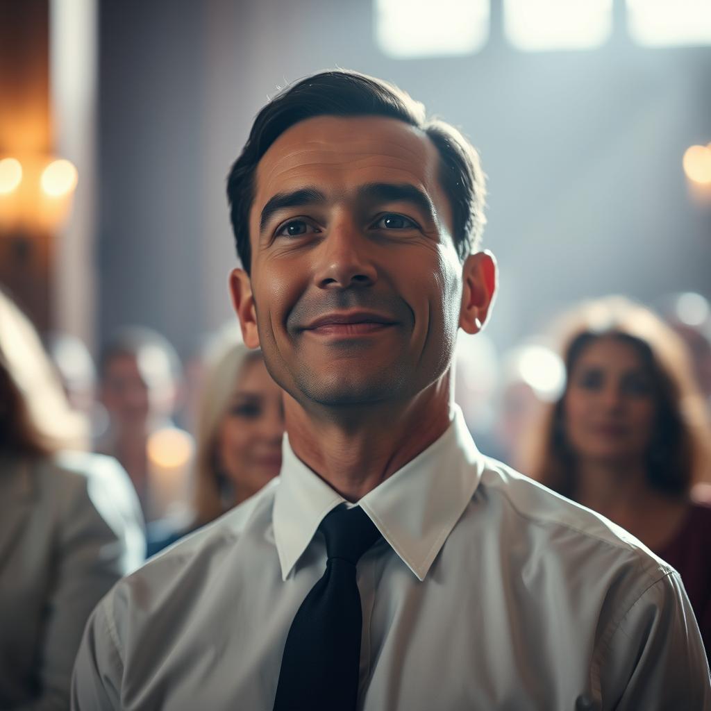 A serene and poignant portrait focusing on a man in a white shirt and black tie, capturing an essence of remembrance and tribute