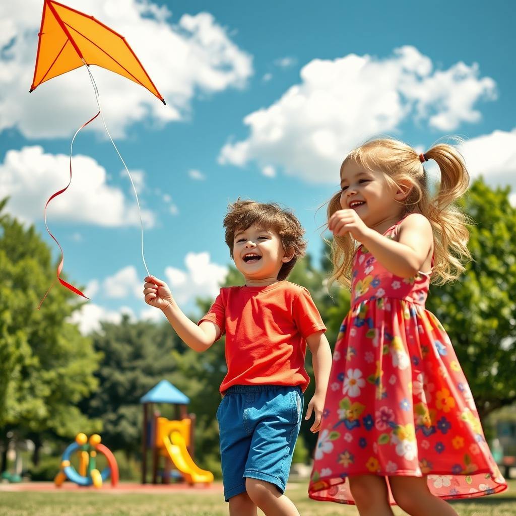 A warm, playful scene featuring two children, a boy and a girl aged around 8 years old, happily playing in a vibrant park