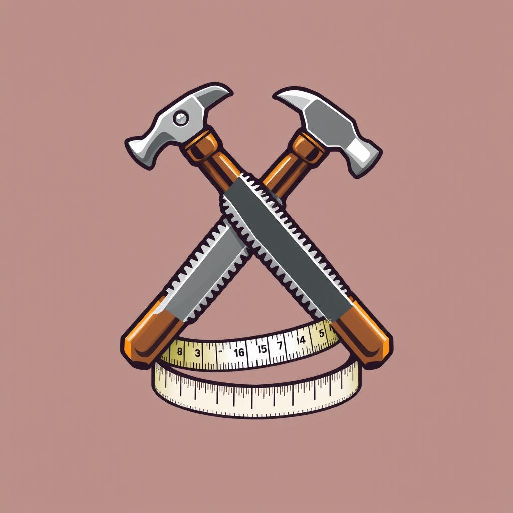 A realistic logo design featuring a hammer and a saw crossing each other to form an 'X' shape