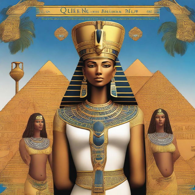 A top-notch digital art image showcasing the book cover for 'Queens of the Nile: Tales of Ancient Egypt's Most Influential Women'