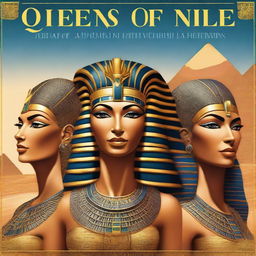 A top-notch digital art image showcasing the book cover for 'Queens of the Nile: Tales of Ancient Egypt's Most Influential Women'