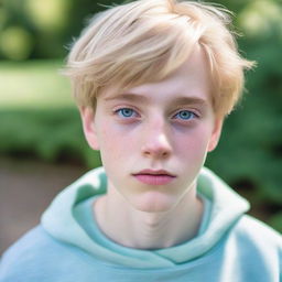 A well-built, attractive 17-year-old boy with blonde hair, white skin, and a masculine face. Dressed in a pale blue sweatshirt and pale green baggy trousers, his blue eyes stare out with a serious expression.