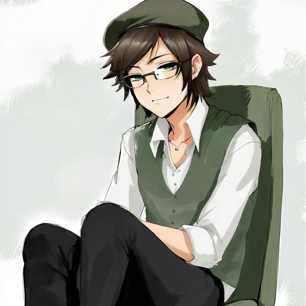 mucles green beret glasses green vest white shirt sitting in chair green chair brown outside thirty-five yers old