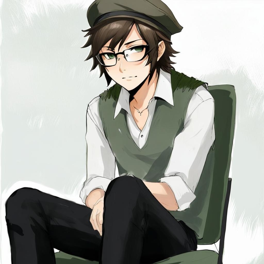 mucles green beret glasses green vest white shirt sitting in chair green chair brown outside thirty-five yers old