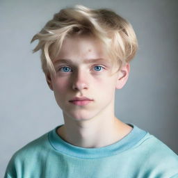 A well-built, attractive 17-year-old boy with blonde hair, white skin, and a masculine face. Dressed in a pale blue sweatshirt and pale green baggy trousers, his blue eyes stare out with a serious expression.