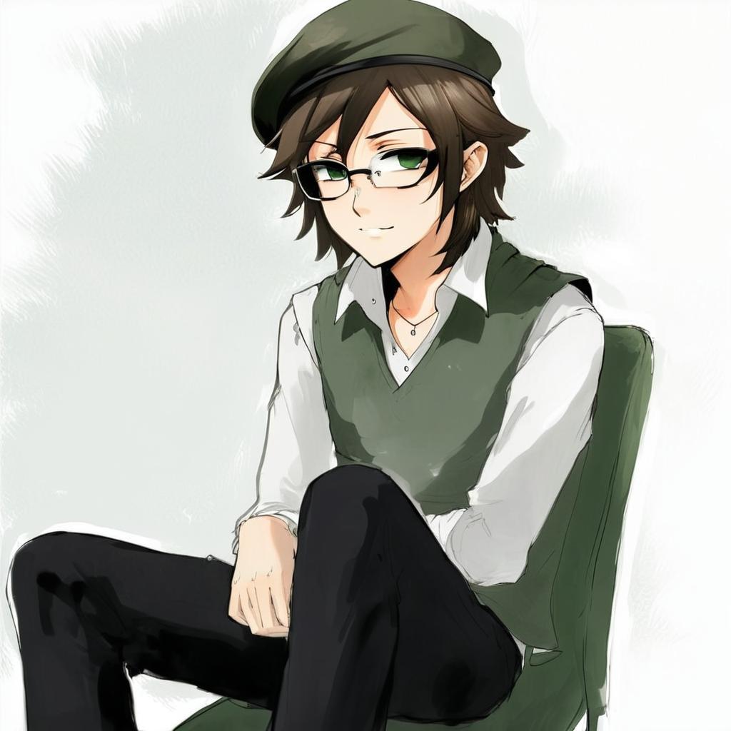 mucles green beret glasses green vest white shirt sitting in chair green chair brown outside thirty-five yers old