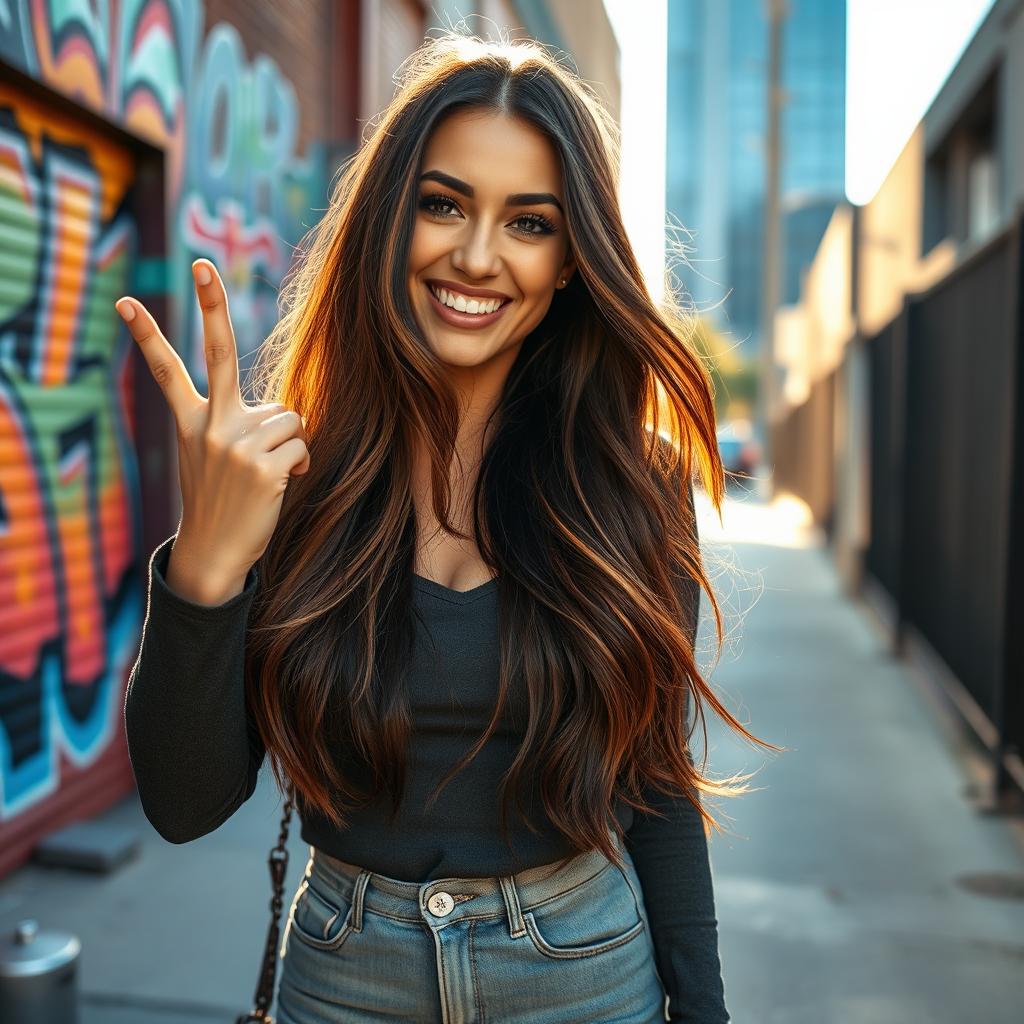 A woman confidently showing two fingers with her right hand, standing in an urban environment with a colorful street art backdrop