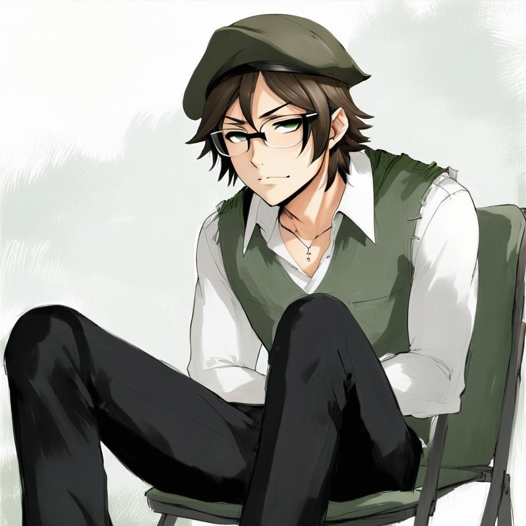 Very. Muscular green beret glasses green vest white shirt sitting in chair green chair brown outside thirty-five yers old