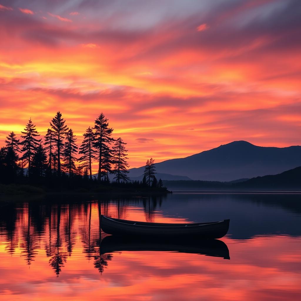 A serene and evocative landscape scene featuring a vibrant sunset over a calm lake, the sky painted in varying shades of orange, pink, and purple