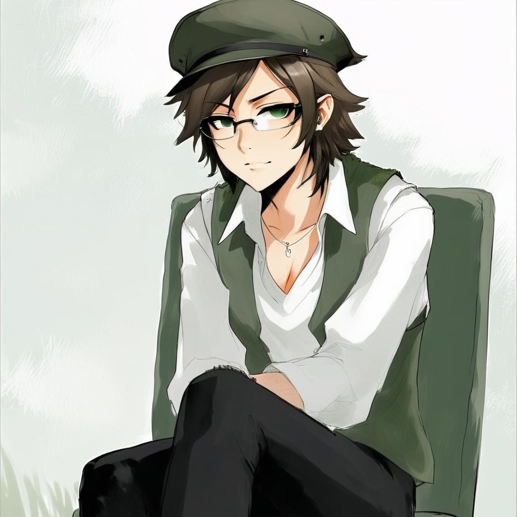 Very buff green beret glasses green medium length hair vest white shirt sitting in chair green chair brown outside thirty-five yers old